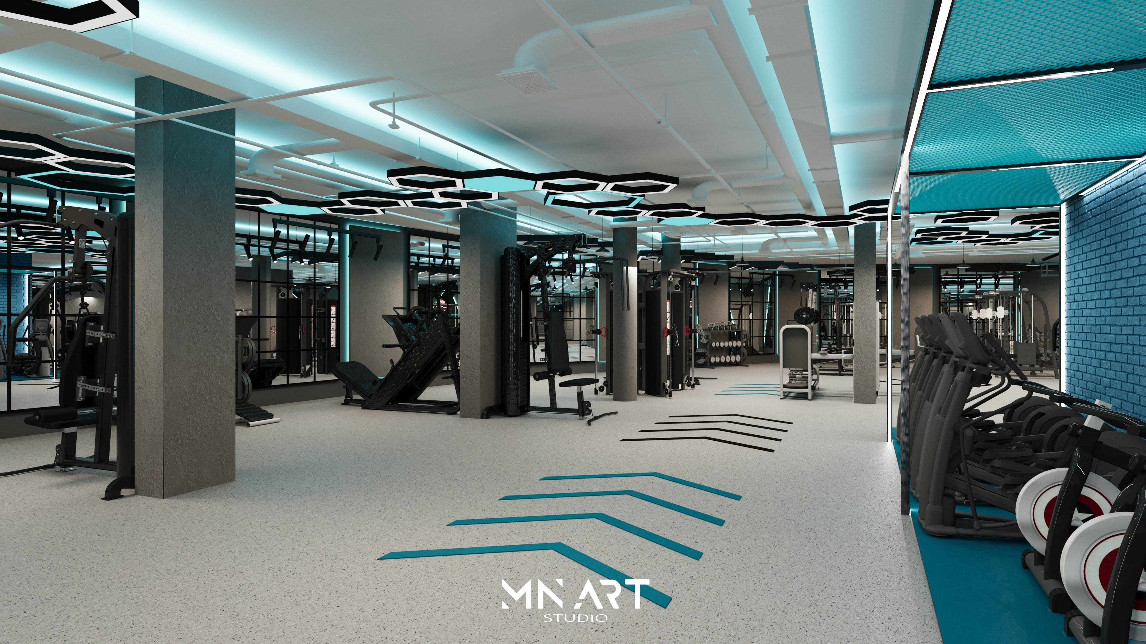 X-Fit modern spor salonu iç mekan tasarımı